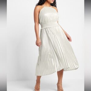 Express Sleeveless Pleated Midi Dress Smocked Waist Champagne Color Size Large